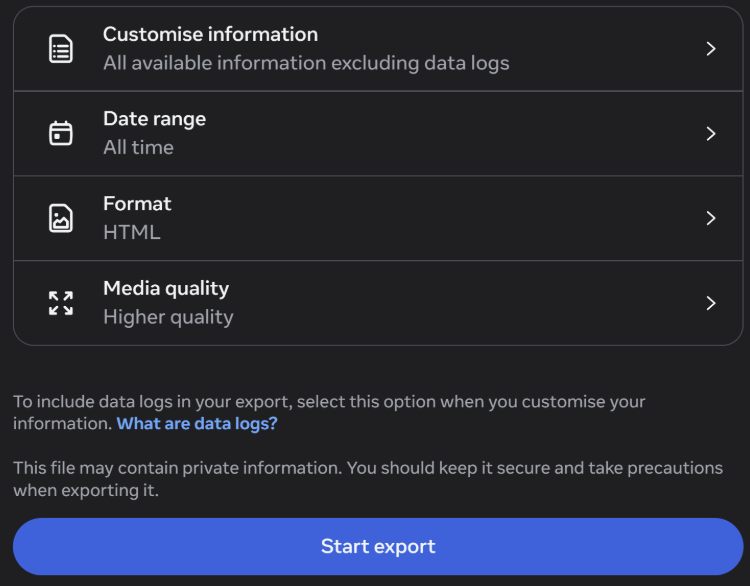 Facebook export options